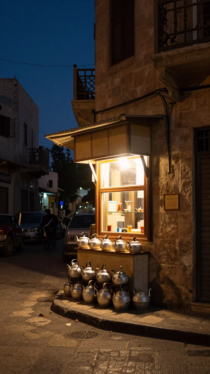 Midnight Street Scene in Alexandria Egypt with Glowing Window and Tea Kettles in in Alexandria, Egypt