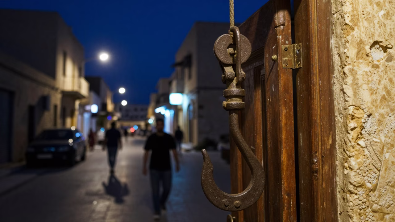 Midnight Street Scene in Alexandria Egypt with Iron Hook and Night Market Food Court in in Alexandria, Egypt