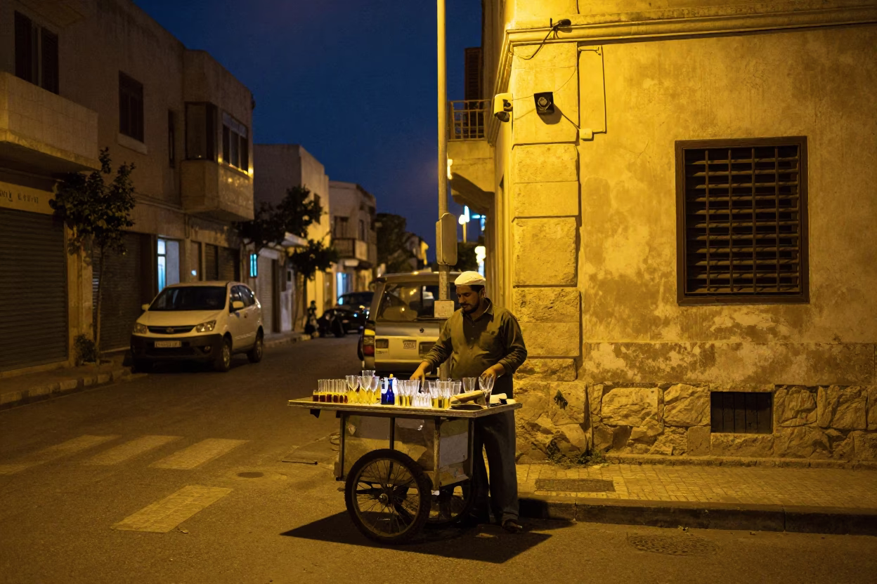 Midnight Street Scene in Alexandria Egypt with Local Vendor and Glass Jar in in Alexandria, Egypt