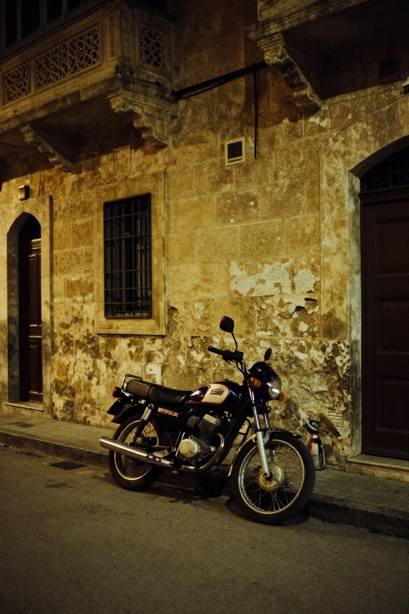 Midnight Street Scene in Alexandria Egypt with Motorcycle and Urban Details in in Alexandria, Egypt