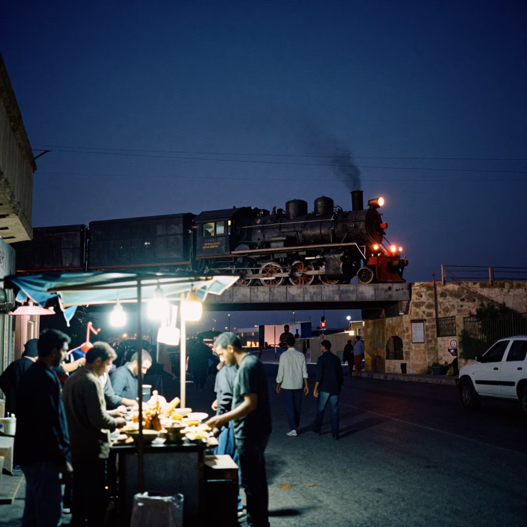 Midnight Street Scene in Alexandria Egypt with Steam Locomotive Crossing Bridge in in Alexandria, Egypt