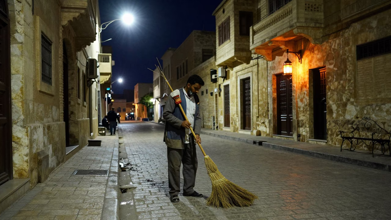 Midnight street scene in Alexandria Egypt with traditional broom and lantern light in in Alexandria, Egypt