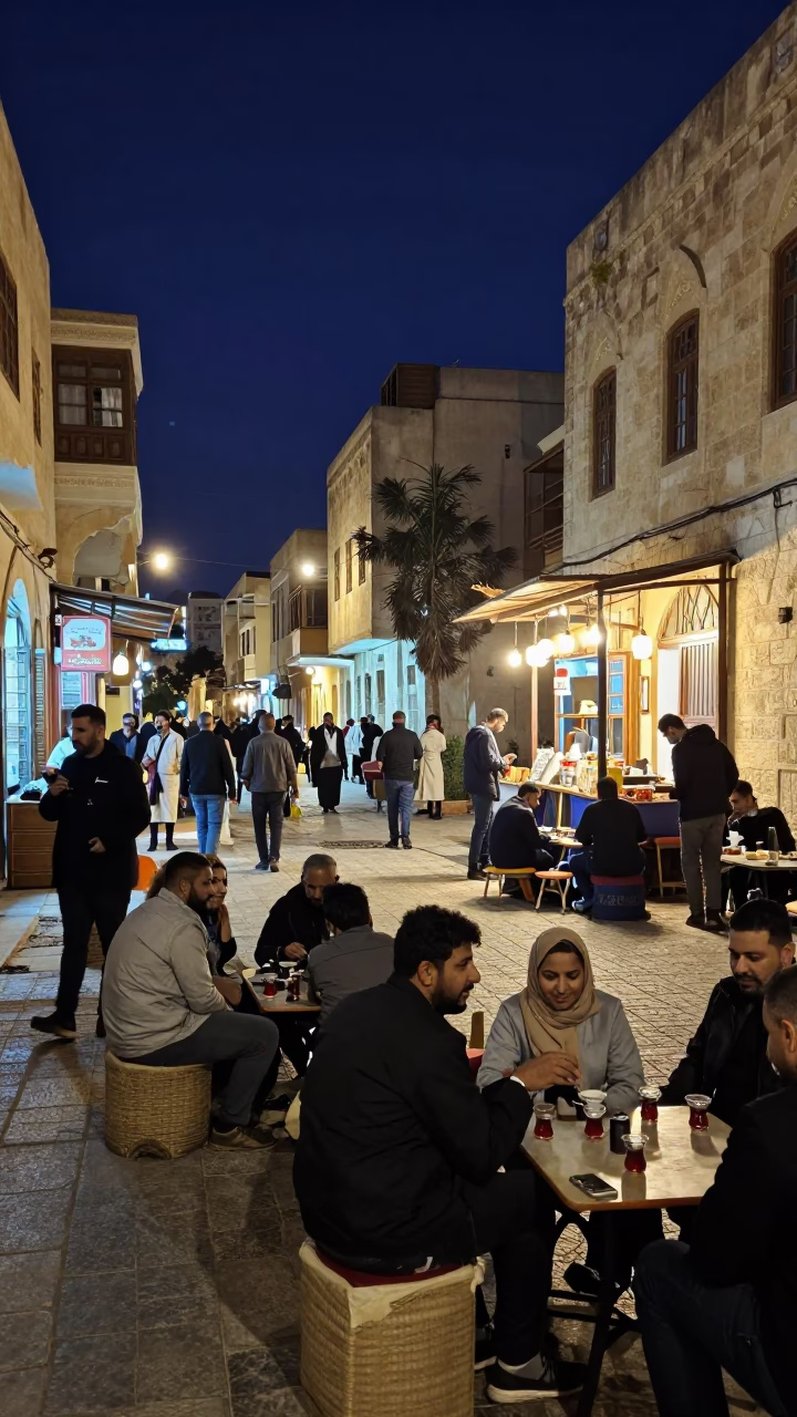 Midnight Street Scene in Alexandria Egypt with Traditional Tea and Local Life in in Alexandria, Egypt