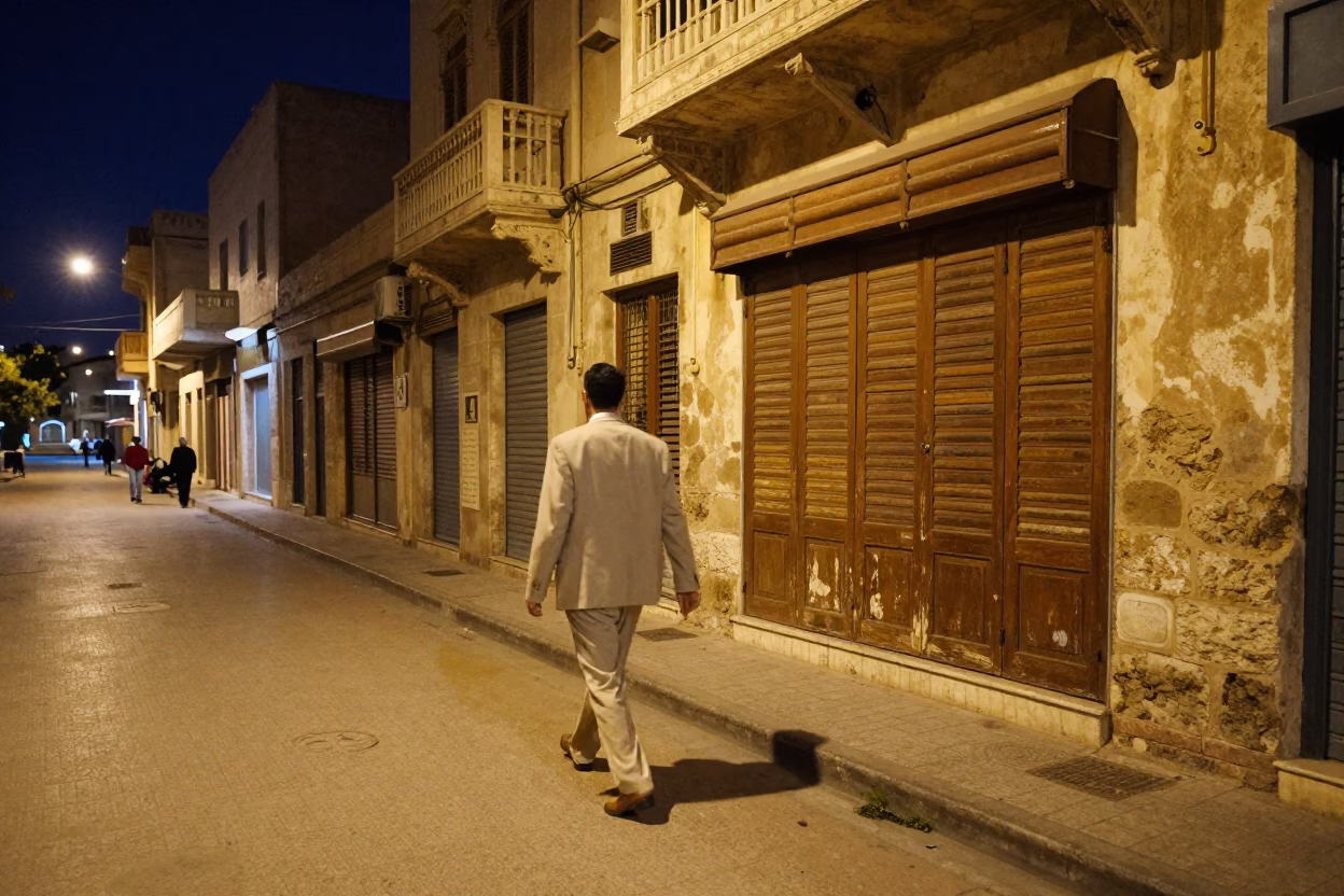 Midnight street scene in Alexandria Egypt with vintage 1960s aesthetic and local life in in Alexandria, Egypt