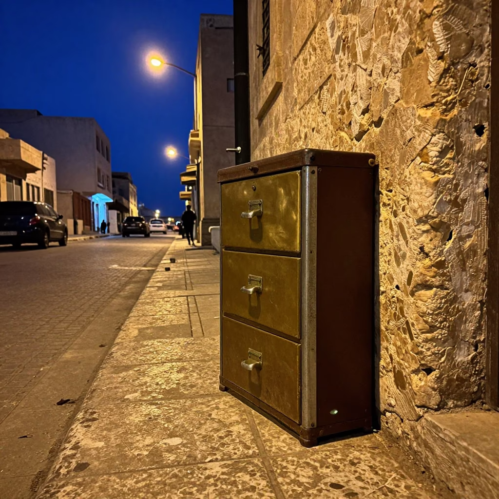 Midnight Street Scene in Alexandria Egypt with Vintage Brass Drawer Pull and File Box in in Alexandria, Egypt
