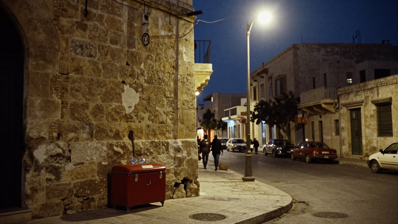 Midnight Street Scene in Alexandria Egypt with Vintage Hatbox and Glass Jar in in Alexandria, Egypt