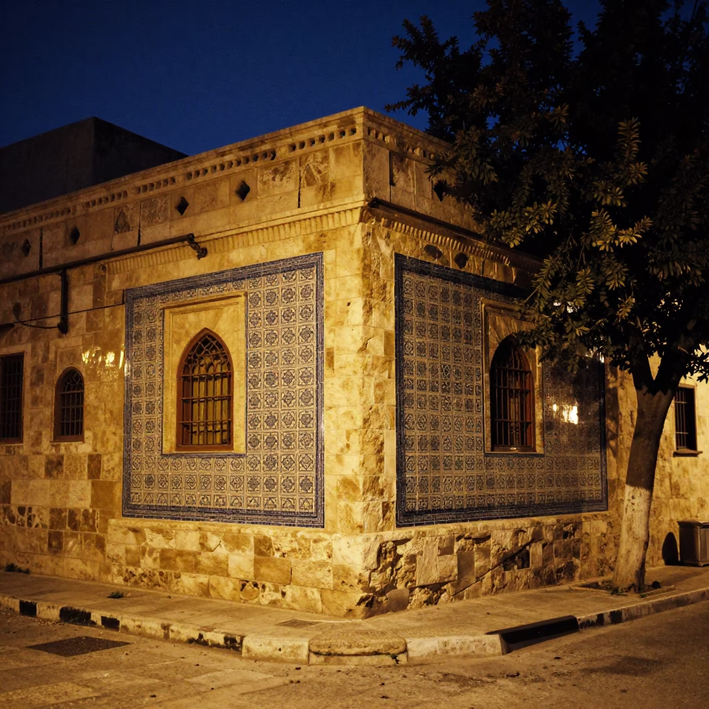 Midnight Street Scene in Amman Jordan with Ceramic Tiles and Tree in in Amman, Jordan