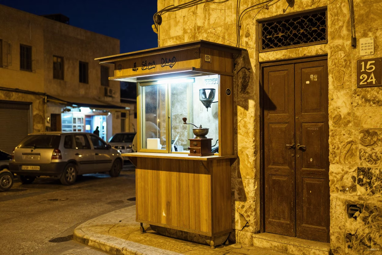 Midnight street scene in Amman Jordan with coffee grinder and door latch in in Amman, Jordan