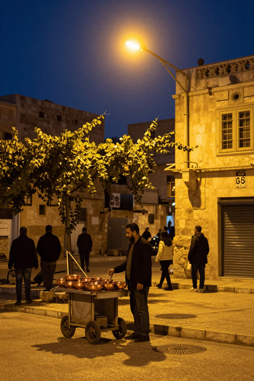 Midnight Street Scene in Amman Jordan with Copper Bowls and Vine in in Amman, Jordan