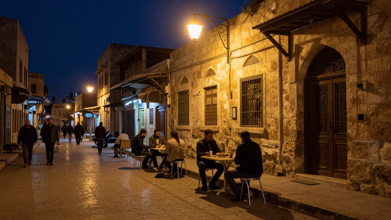Midnight Street Scene in Amman Jordan with Local Diners and Traditional Food in in Amman, Jordan