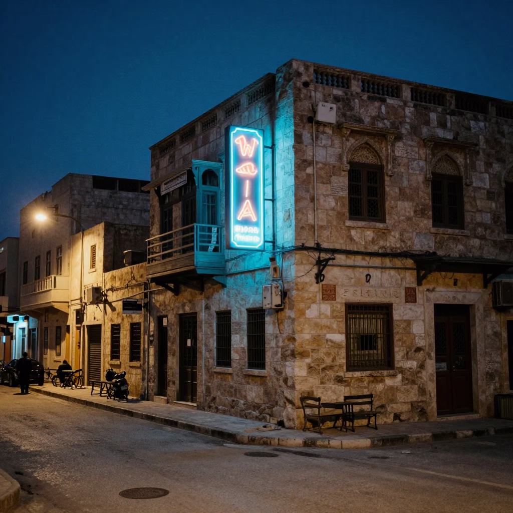 Midnight Street Scene in Amman Jordan with Neon Signs and Traditional Architecture in in Amman, Jordan
