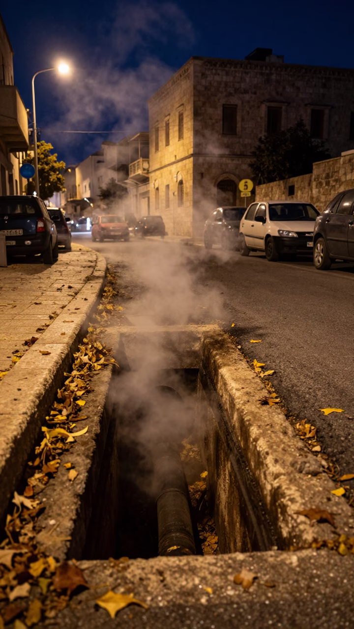 Midnight Street Scene in Amman Jordan with Steaming Pipe Trench and Rusty Wall Details in in Amman, Jordan