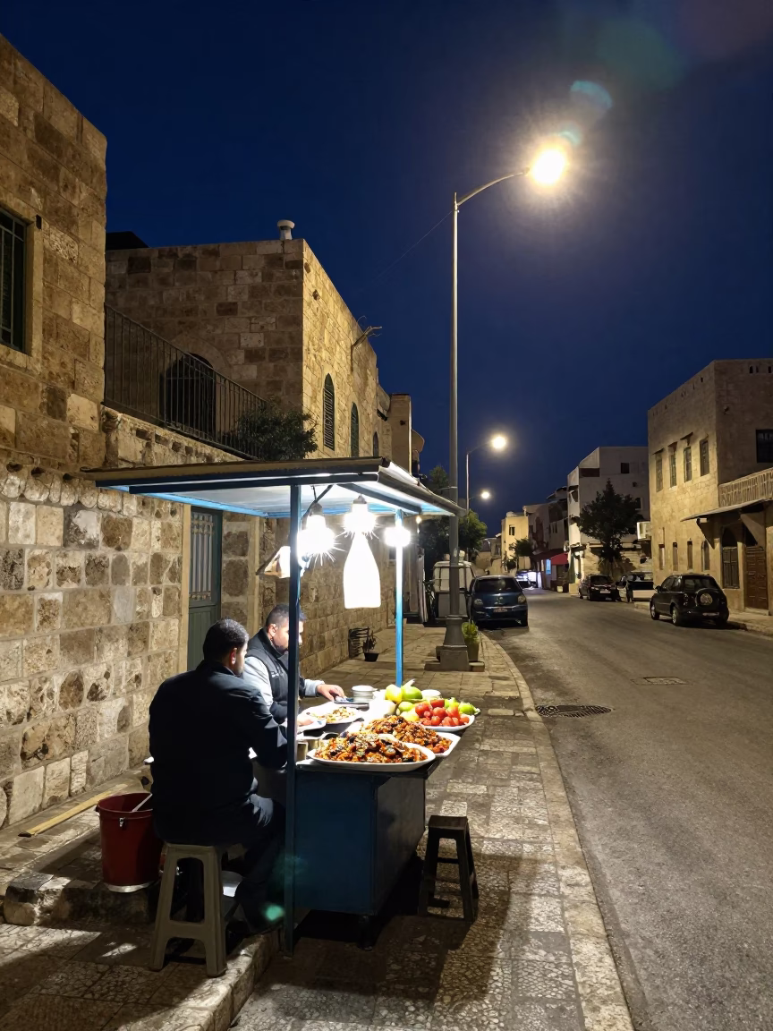 Midnight Street Scene in Amman Jordan with Stone Architecture and Local Food in in Amman, Jordan