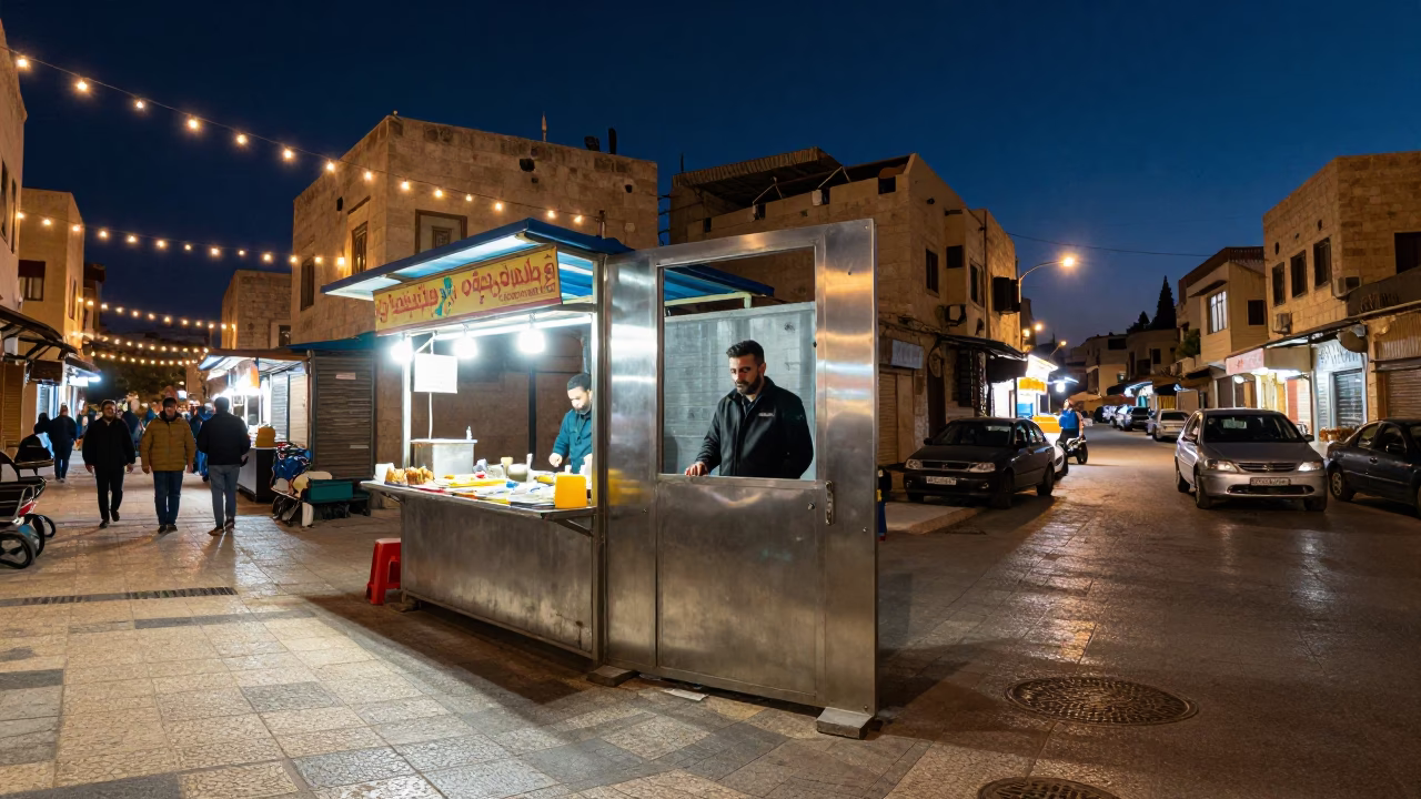Midnight Street Scene in Amman Jordan with String Lights and Vintage Radio in in Amman, Jordan