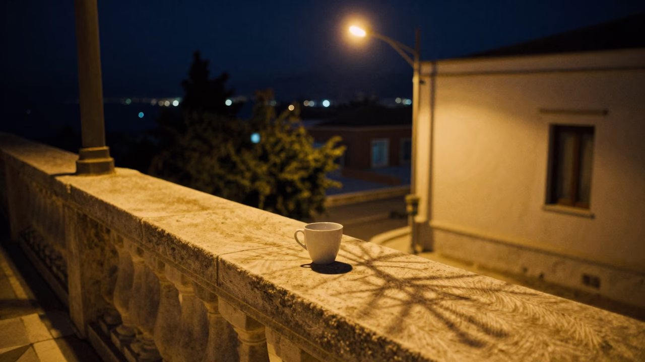 Midnight Street Scene in Athens Greece with Cup and Wicker Shadow in in Athens, Greece
