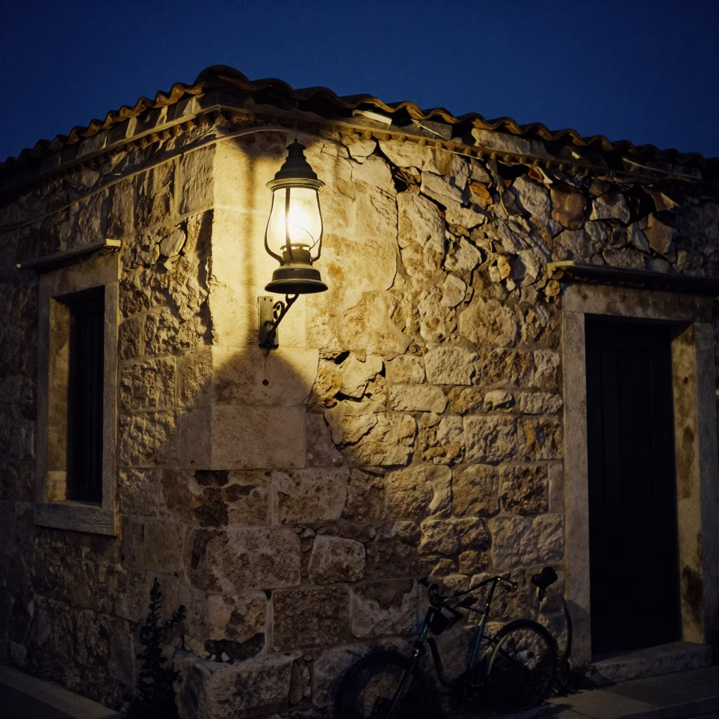 Midnight Street Scene in Athens Greece with Hurricane Lamp and Crumbling Hilltop Observatory in in Athens, Greece