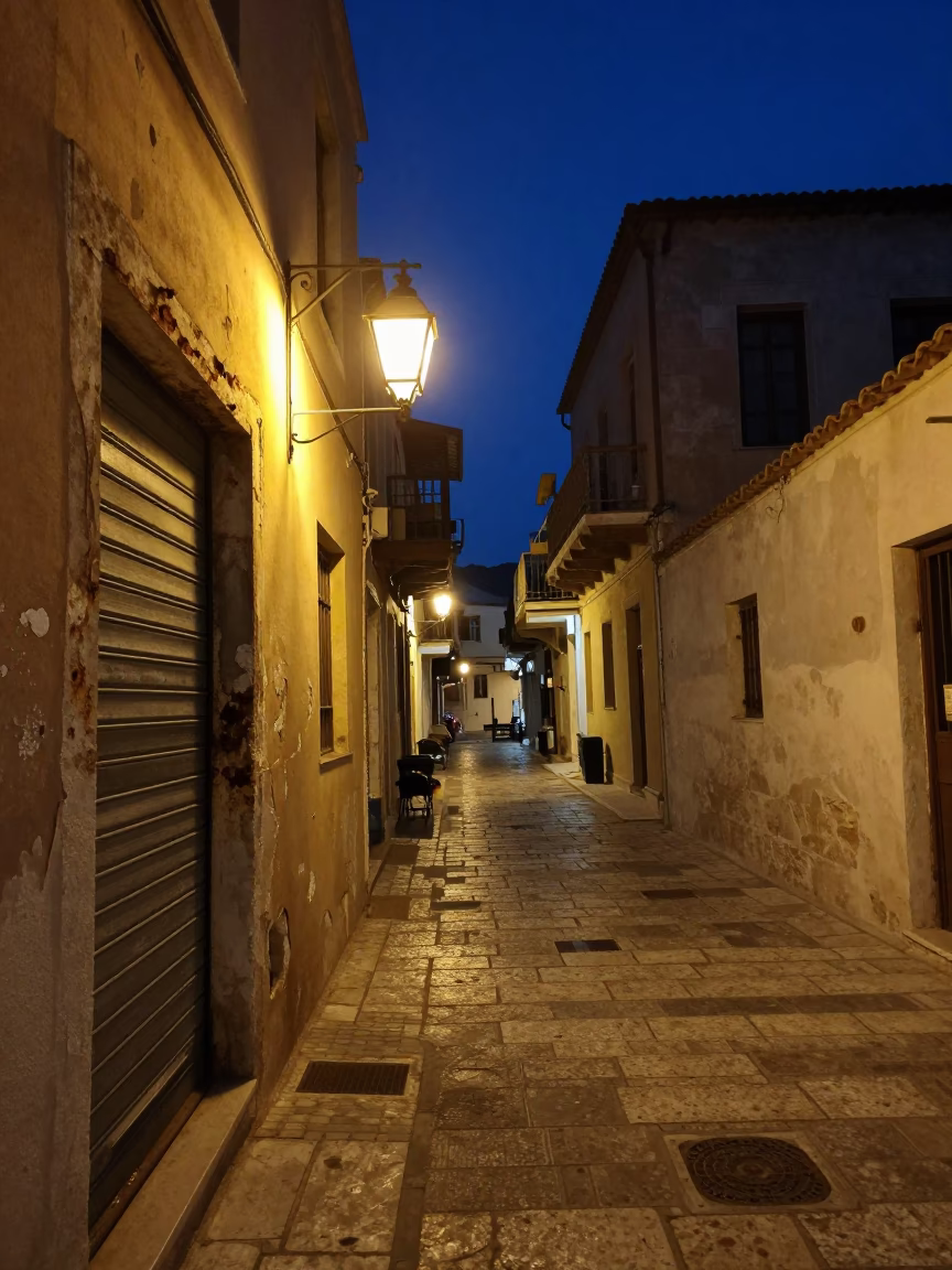 Midnight Street Scene in Athens Greece with Lantern Lit Alley and Rusty Metal Details in in Athens, Greece