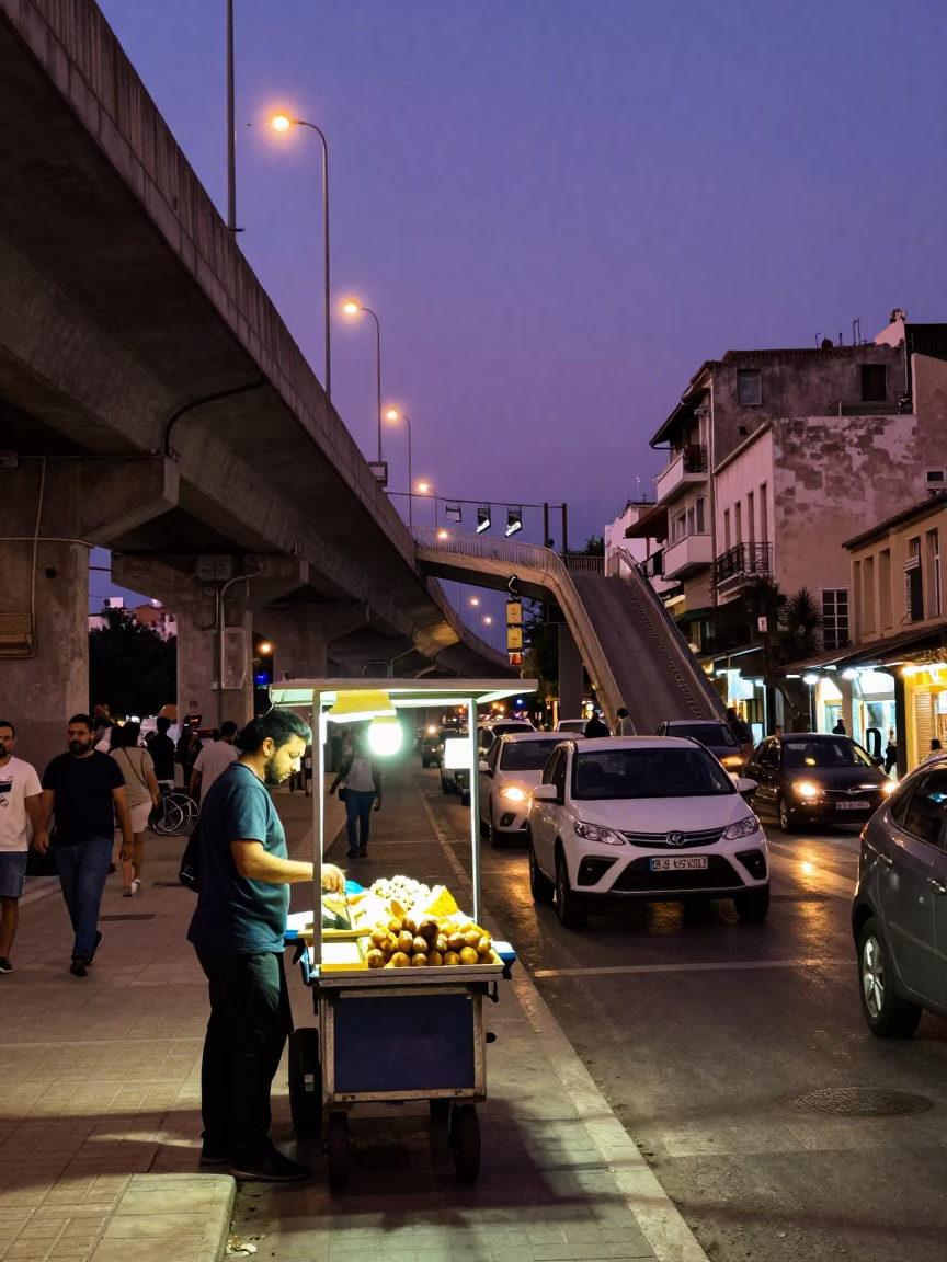 Midnight Street Scene in Athens Greece with Overpass and Neon Lights in in Athens, Greece