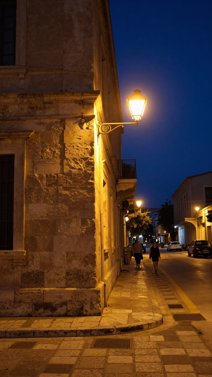 Midnight Street Scene in Athens Greece with Stone Architecture and Urban Lighting in in Athens, Greece