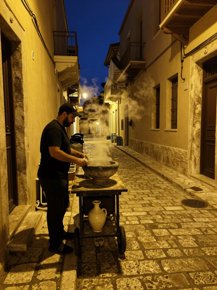 Midnight Street Scene in Athens Greece with Stone Bowl and Ceramic Jar in in Athens, Greece