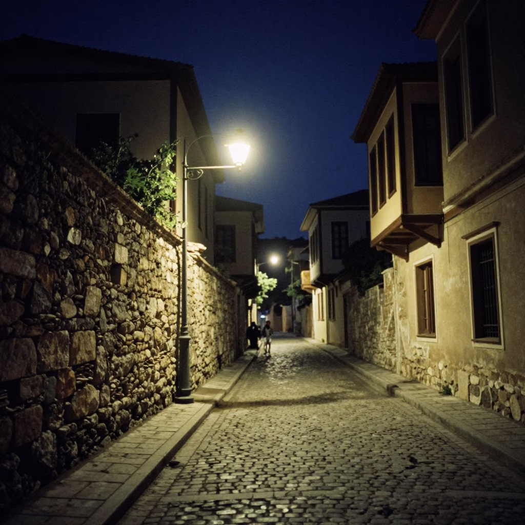 Midnight Street Scene in Athens Greece with Vintage 1980s Color Palette and Local Details in in Athens, Greece