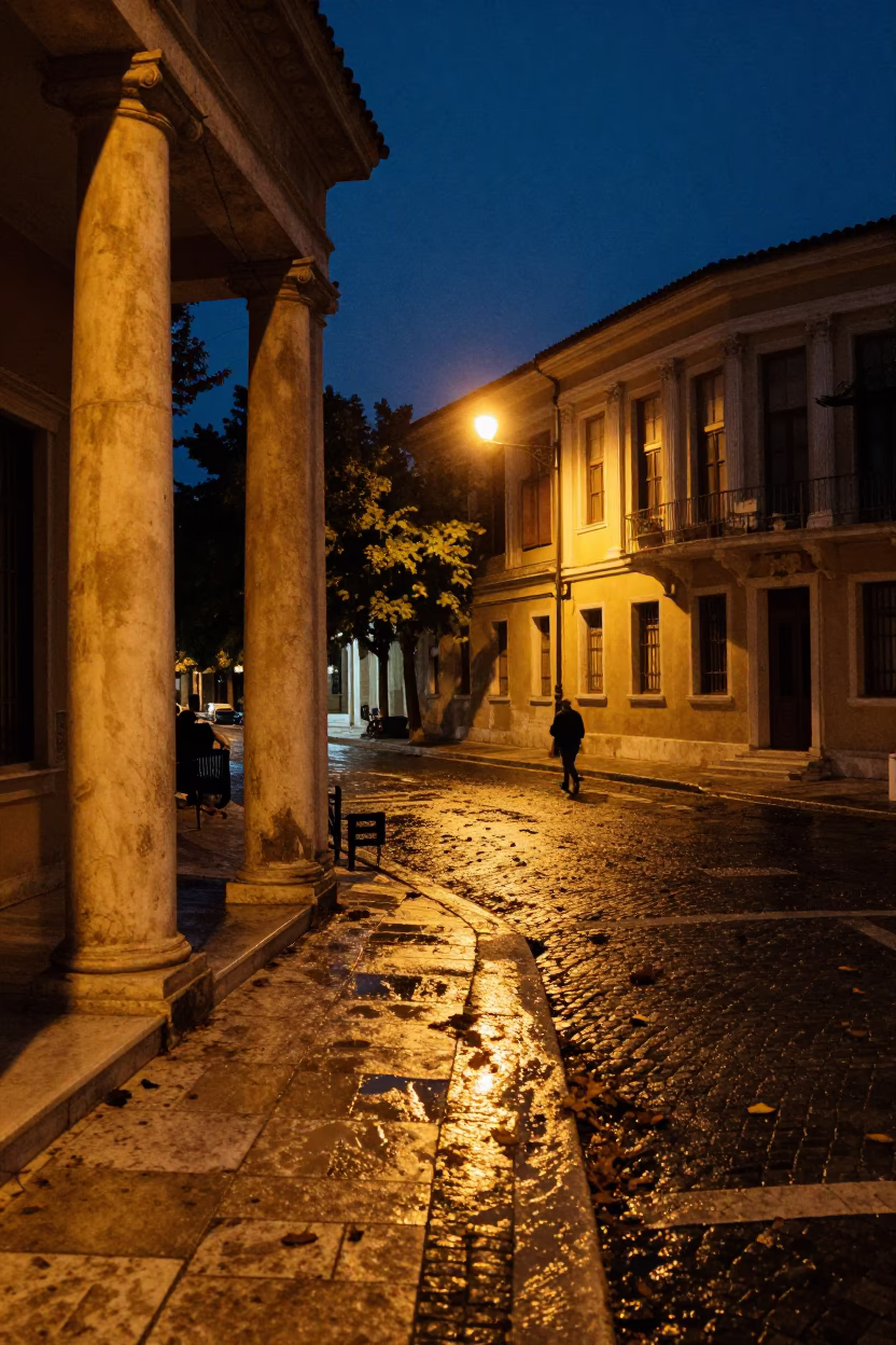 Midnight Street Scene in Athens Greece with Wet Leaves and Vintage Car in in Athens, Greece
