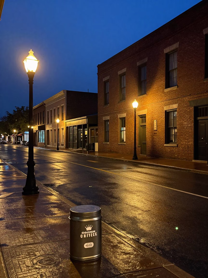 Midnight Street Scene in Austin Texas with Coffee Tin and Vintage Details in in Austin, Texas, United States
