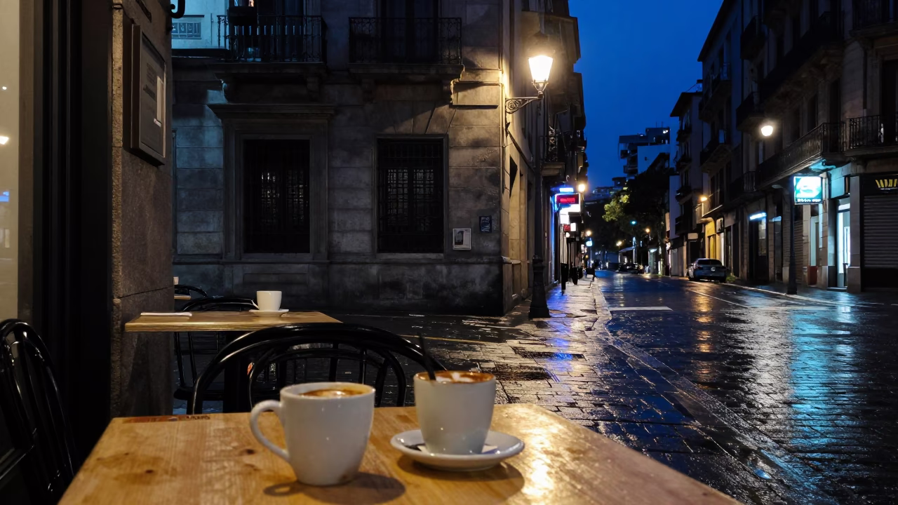 Midnight street scene in Barcelona Spain with neon lights and coffee mugs on table in in Barcelona, Spain