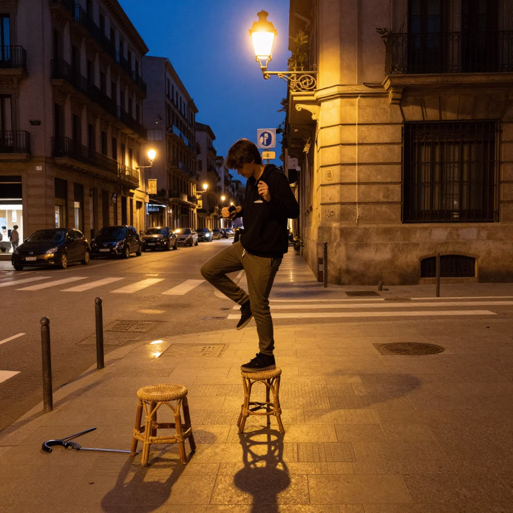 Midnight Street Scene in Barcelona Spain with Rattan Stool and Shoehorn in in Barcelona, Spain