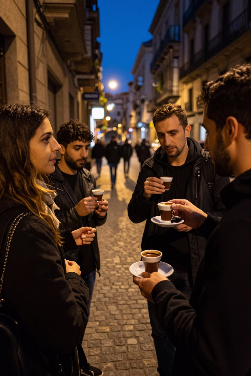 Midnight street scene in Barcelona with locals sharing food and conversation in in Barcelona, Spain