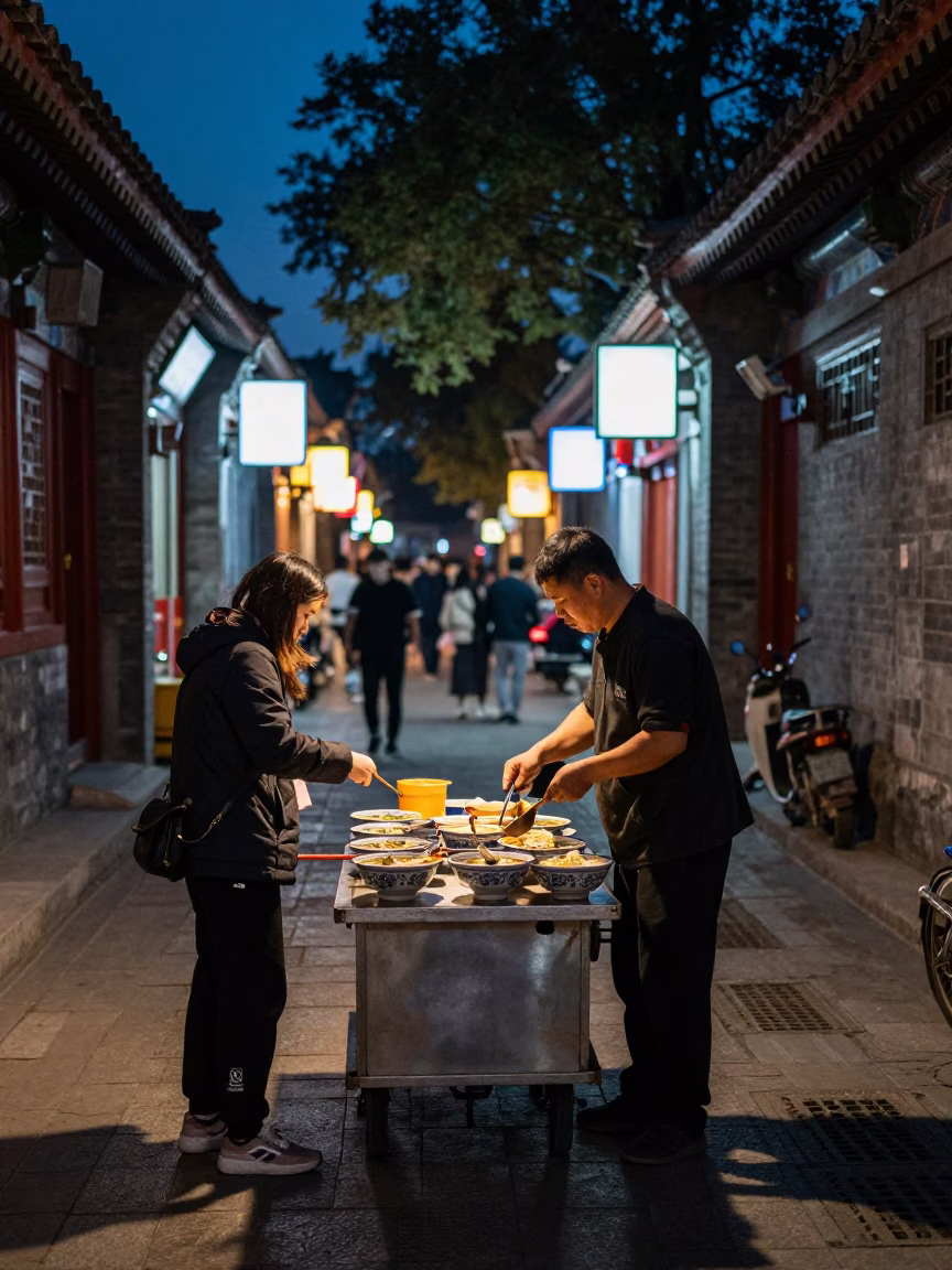 Midnight Street Scene in Beijing China with Local Vendor and Neon Lights in in Beijing, China