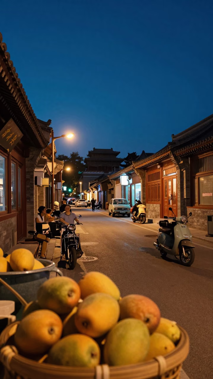 Midnight Street Scene in Beijing China with Mangoes and Vintage 1950s Atmosphere in in Beijing, China