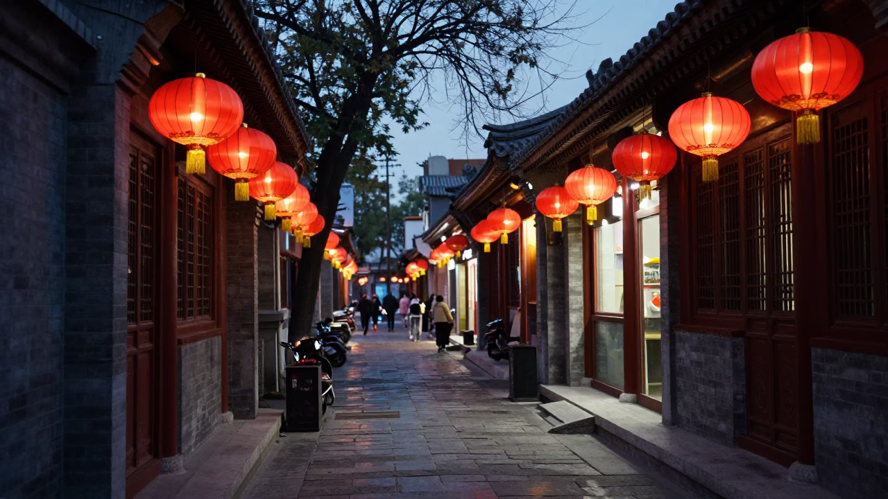 Midnight Street Scene in Beijing China with Traditional Lanterns and Urban Architecture in in Beijing, China