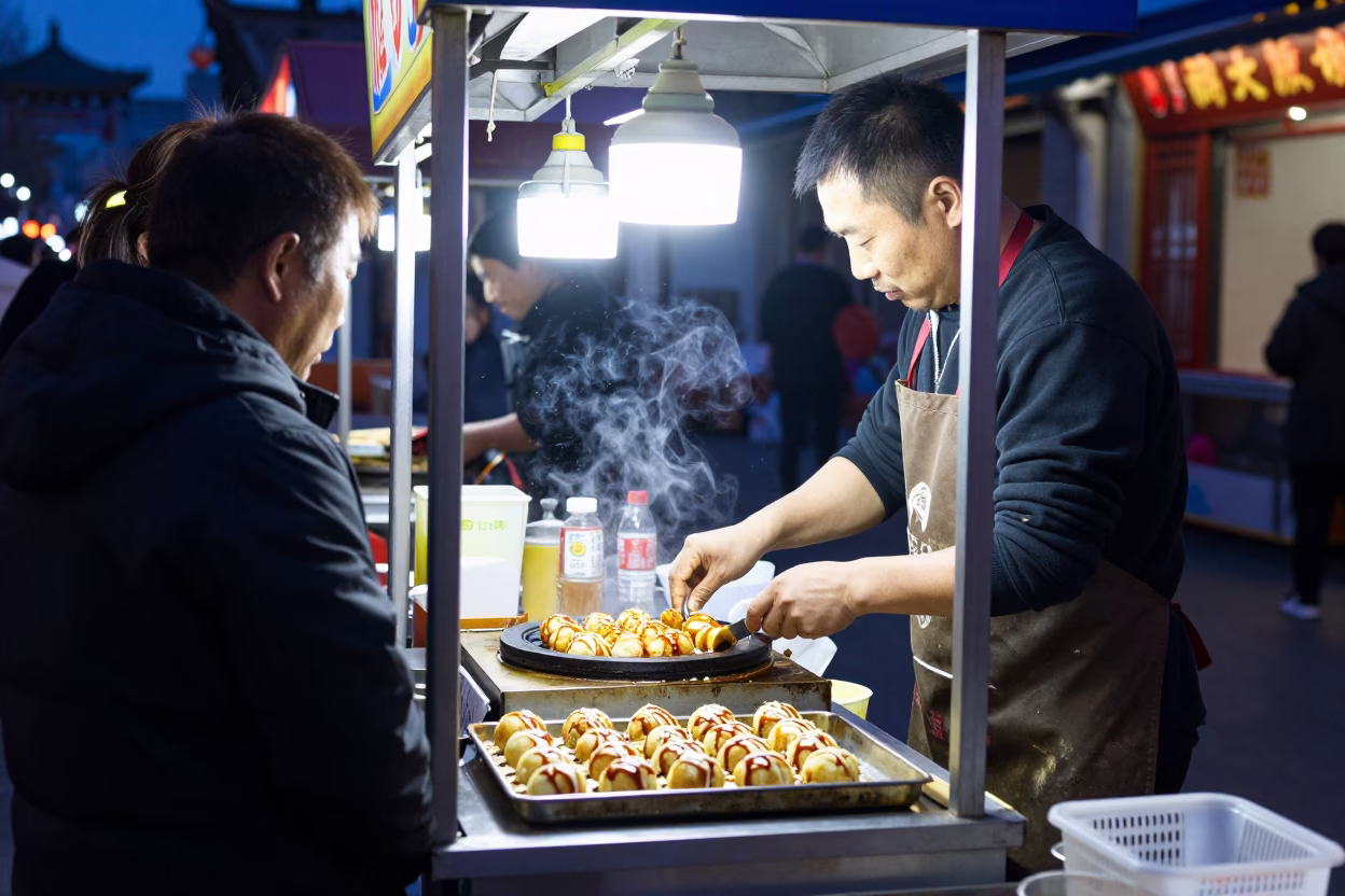 Midnight Street Scene in Beijing with Vendor and Customers Under Neon Lights in in Beijing, China