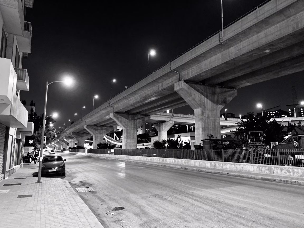 Midnight Street Scene in Beirut Lebanon with Highway Flyover and Vintage Streetlamp in in Beirut, Lebanon
