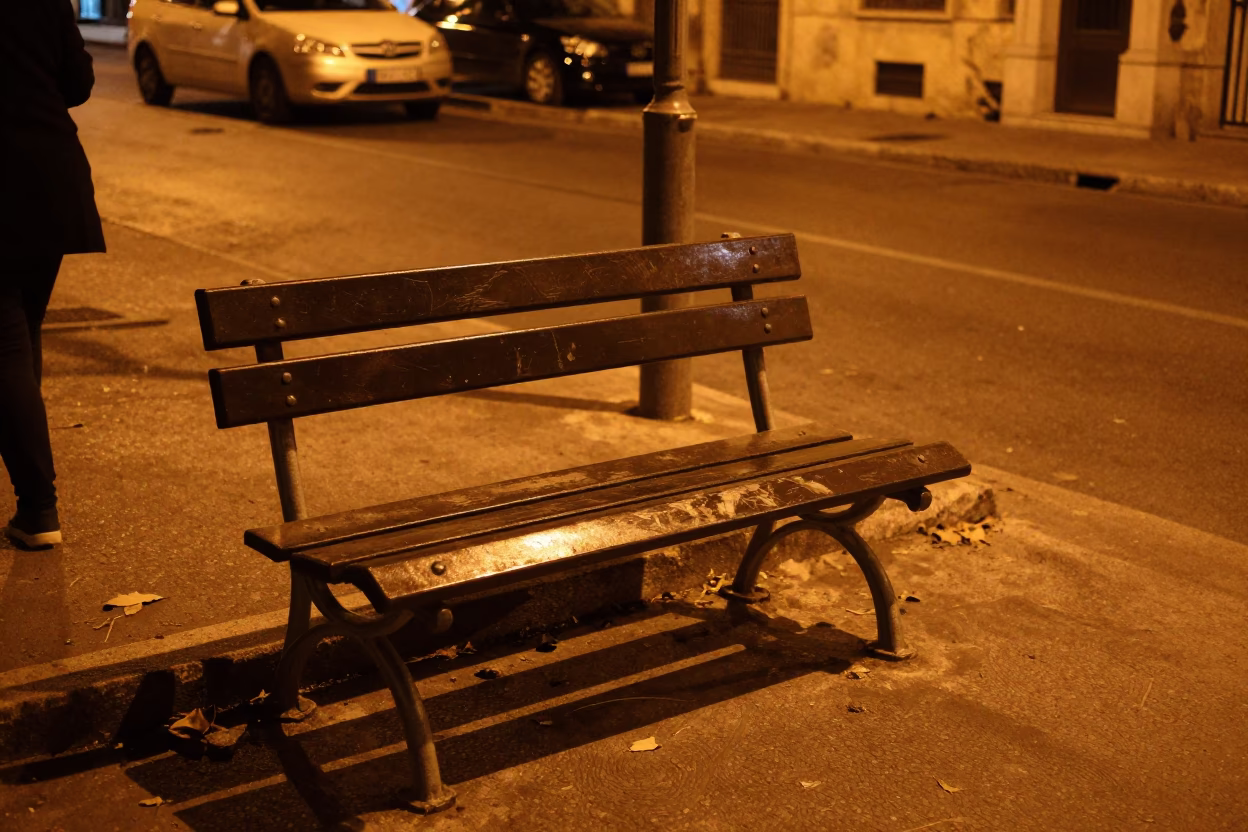 Midnight street scene in Beirut Lebanon with park bench and leaf shadows in in Beirut, Lebanon