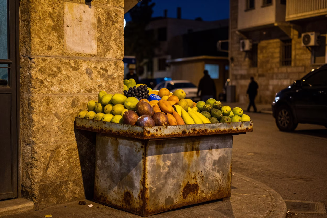 Midnight Street Scene in Beirut Lebanon with Rusty Fruit Stall and Vintage SUV in in Beirut, Lebanon