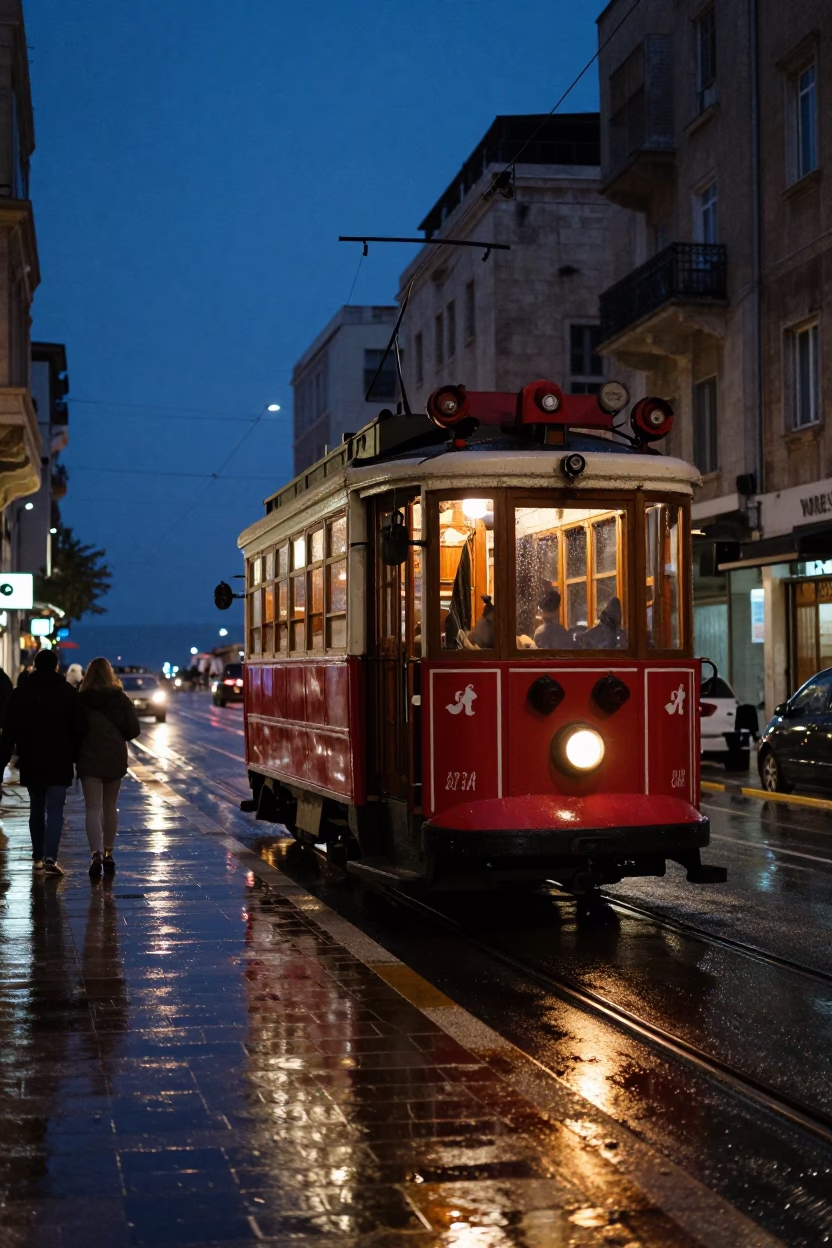 Midnight Street Scene in Beirut Lebanon with Vintage Tram and Urban Details in in Beirut, Lebanon