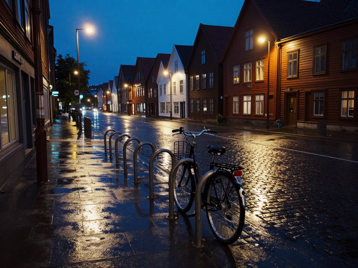 Midnight Street Scene in Bergen Norway with Bicycle Rack and Wet Cobblestones in in Bergen, Norway