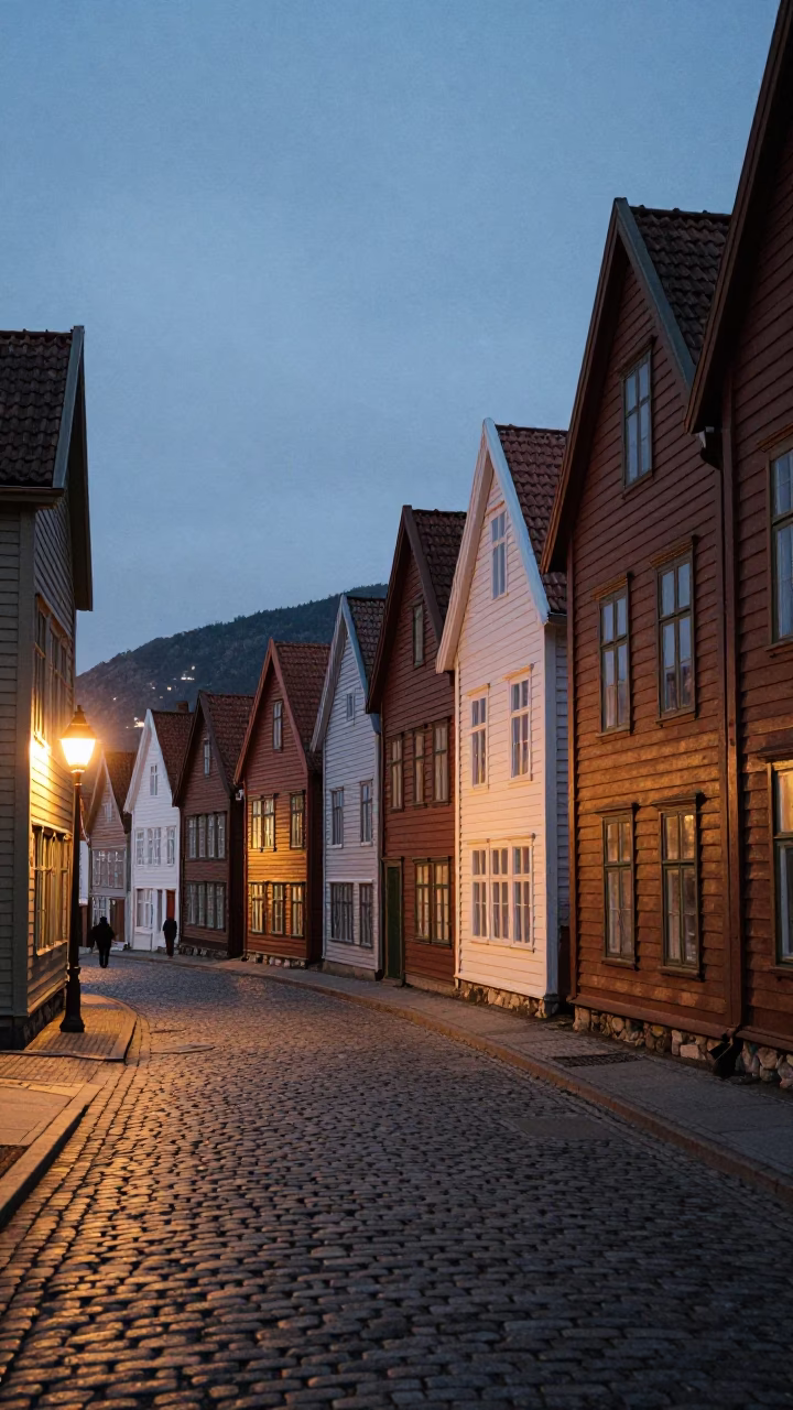 Midnight Street Scene in Bergen Norway with Cobblestones and Historic Wooden Facades in in Bergen, Norway