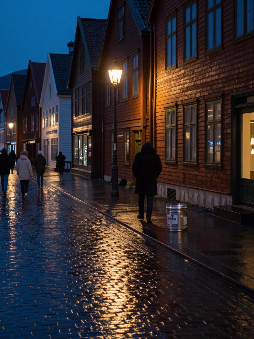 Midnight Street Scene in Bergen Norway with Coffee Tin and Wet Cobblestones in in Bergen, Norway