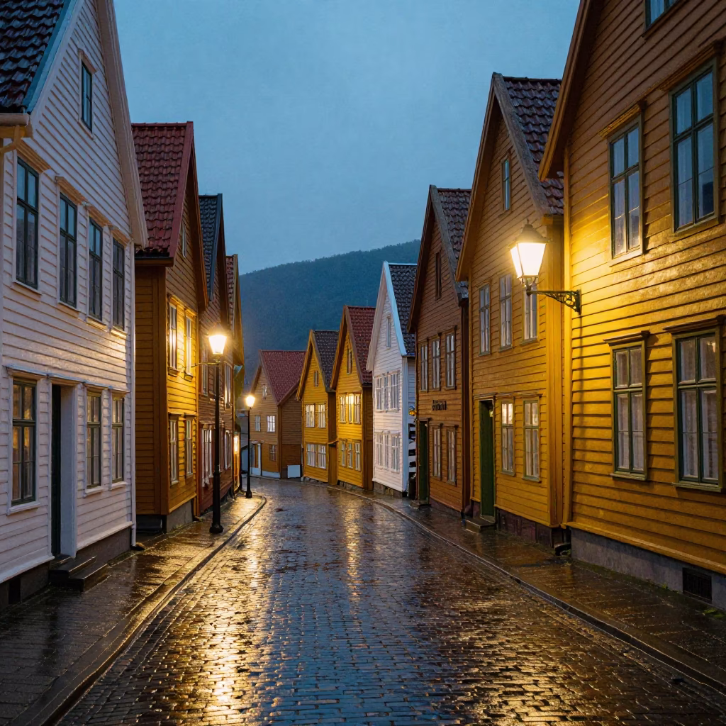 Midnight Street Scene in Bergen Norway with Colorful Houses and Wet Cobblestones in in Bergen, Norway