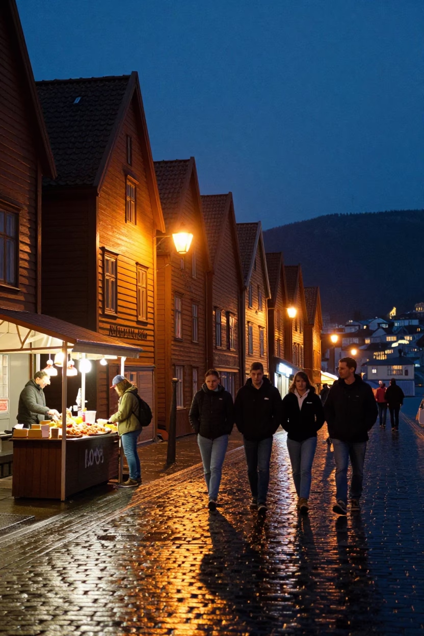 Midnight Street Scene in Bergen Norway with Local Food and Vintage 2000s Aesthetic in in Bergen, Norway