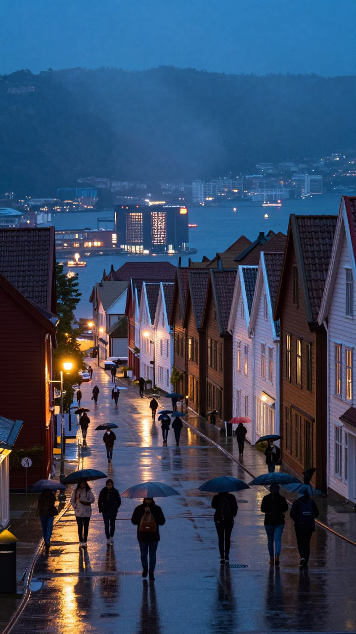 Midnight Street Scene in Bergen Norway with Rain and Umbrellas in in Bergen, Norway