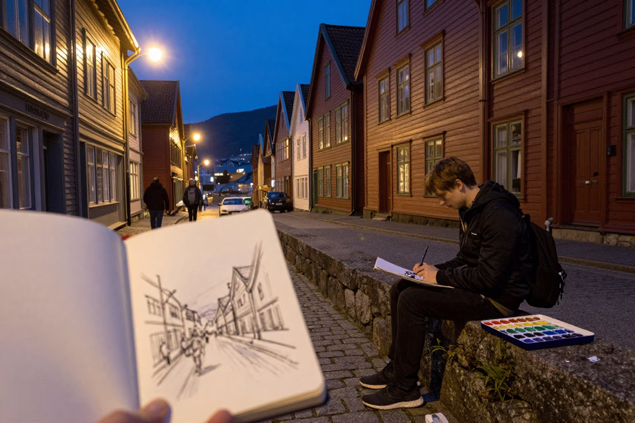 Midnight Street Scene in Bergen Norway with Sketchbook and Watercolor Palette in in Bergen, Norway
