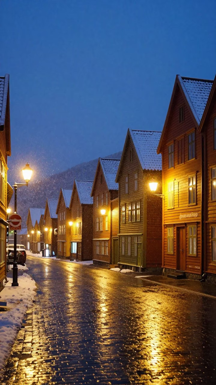 Midnight Street Scene in Bergen Norway with Snow and Traditional Architecture in in Bergen, Norway