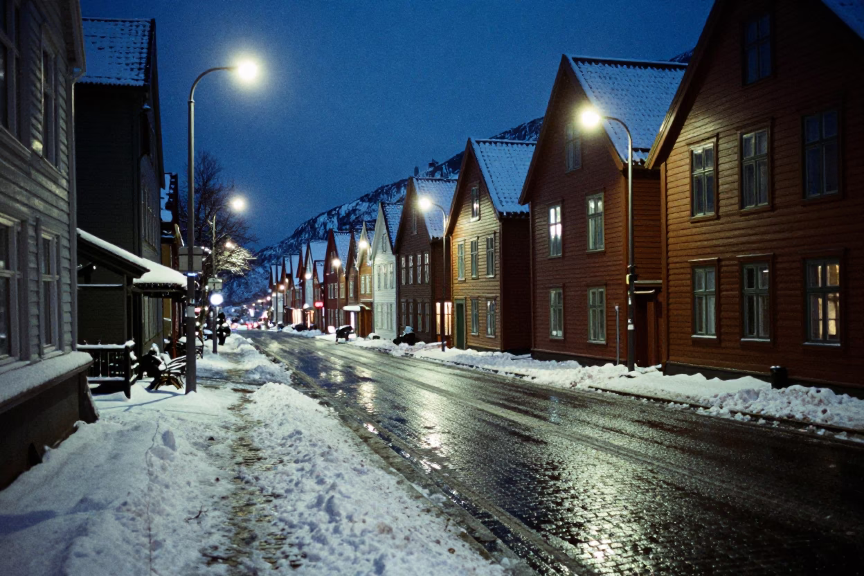 Midnight Street Scene in Bergen Norway with Snow and Urban Lights in in Bergen, Norway