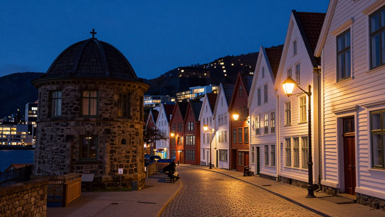 Midnight Street Scene in Bergen Norway with Stone Observatory and Local Life in in Bergen, Norway