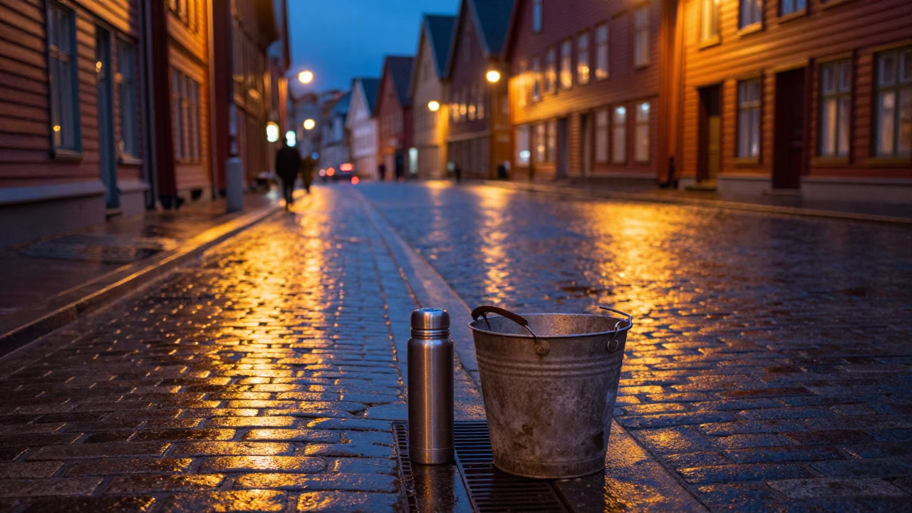 Midnight Street Scene in Bergen Norway with Thermos and Metal Bucket in in Bergen, Norway