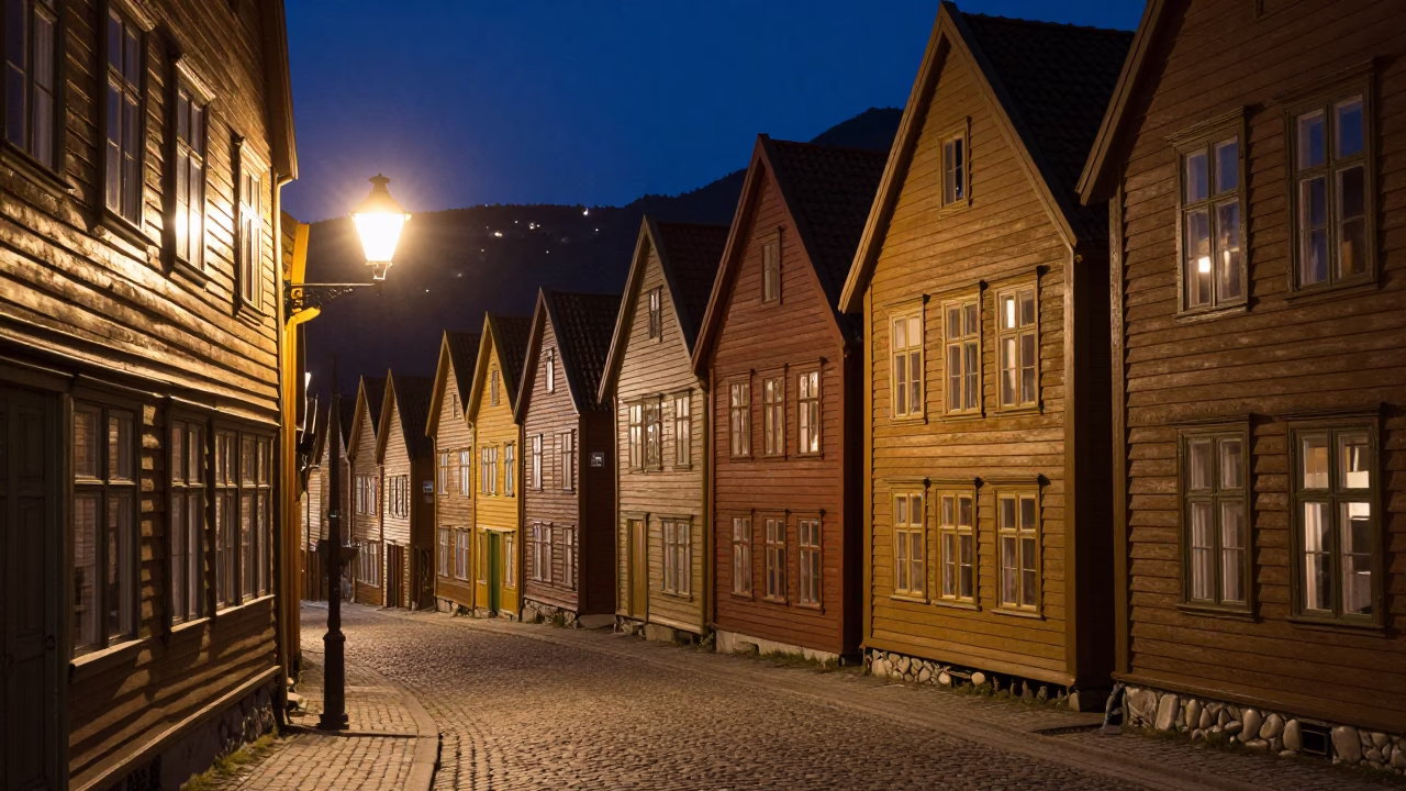 Midnight street scene in Bergen Norway with vintage 1960s aesthetic and local details in in Bergen, Norway